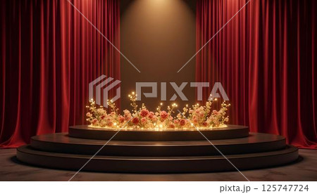 Elegant stage featuring red curtains and a golden podium, ready for a prestigious event or performance 125747724