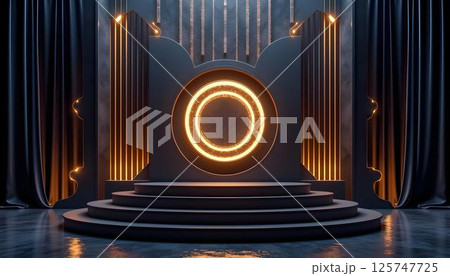 3D render of an elegant stage featuring a podium and draped curtains, designed for formal presentations or events 125747725
