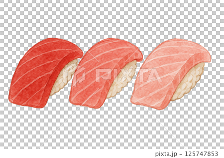 マグロ三種の握り寿司イラスト｜赤身・中トロ・大トロの食べ比べセット 125747853