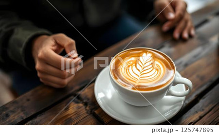 A cup of coffee is gracefully positioned on a table, with coffee beans providing a rustic accent 125747895