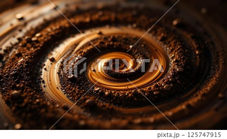 Detailed close-up of a coffee cup with swirling patterns, showcasing the rich color and texture of the coffee inside Detailed close-up of a coffee cup with swirling patterns, showcasing the rich color and texture of the coffee inside 125747915