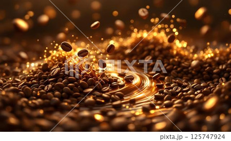 Coffee beans scattered around a small pool of golden liquid, highlighting the rich essence of freshly brewed coffee 125747924