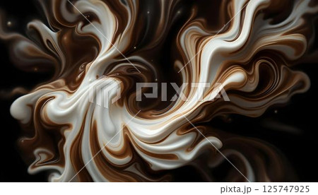 A swirling blend of chocolate and white liquid resembling coffee against a striking black background 125747925