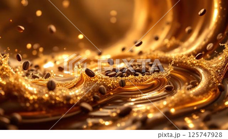 A dynamic swirl of chocolate liquid with a drop of water, evoking the essence of a coffee splash 125747928