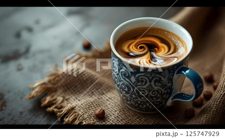 A cup of coffee elegantly positioned on a table, with coffee beans adding a rustic touch 125747929
