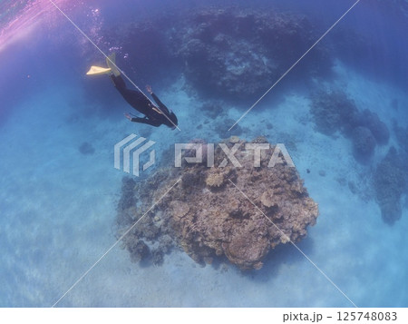石垣島の青い海でシュノーケルを楽しむ女性 125748083