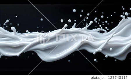 A dynamic eruption of white milk set against a sleek black background, illustrating the fluidity and sharp contrast 125748115