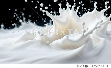 A bold splash of white milk on a black background, illustrating the contrast and energy of the liquid's movement 125748121