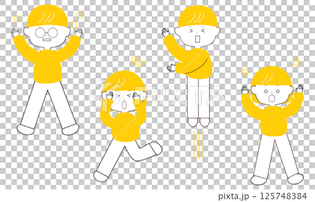 黄色のかわいい男女の変顔ポーズ 125748384