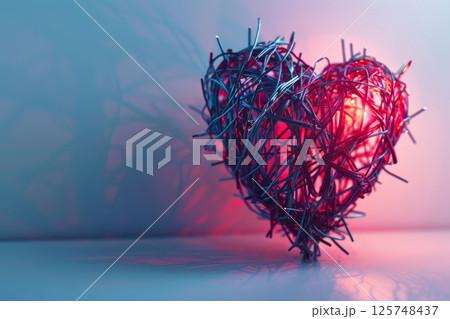 Abstract Wire Mesh Heart with Soft Pink and Blue Lighting for Romantic Themes 125748437
