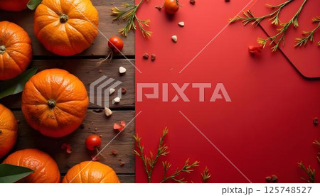 Tangerines, leaves and berries on wooden background 125748527