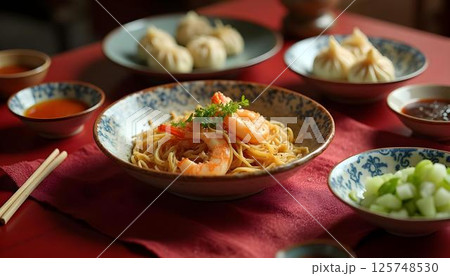 Chinese noodle with shrimps served on a plate 125748530