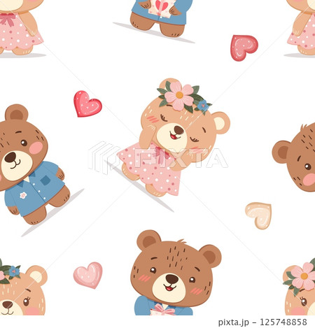 Seamless pattern with cute teddy bears and hearts on white background 125748858