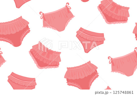 Seamless vector pattern with pink panties with ruffles on a white background. Delicate texture with female underwear. 125748861