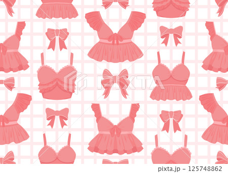 Vector seamless pattern with delicate pink bras and ribbons on cell background. Texture with brassieres with ruffles on white background. Vector seamless pattern with delicate pink bras and ribbons on cell background. Texture with brassieres with ruffles on white background. 125748862