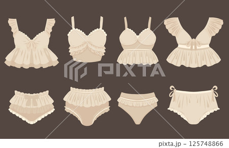 Vector set of delicate beige underwear. Collection clip arts of panties and bras in delicate tones with ruffles and bows. Feminine separate swimsuit Vector set of delicate beige underwear. Collection clip arts of panties and bras in delicate tones with ruffles and bows. Feminine separate swimsuit 125748866