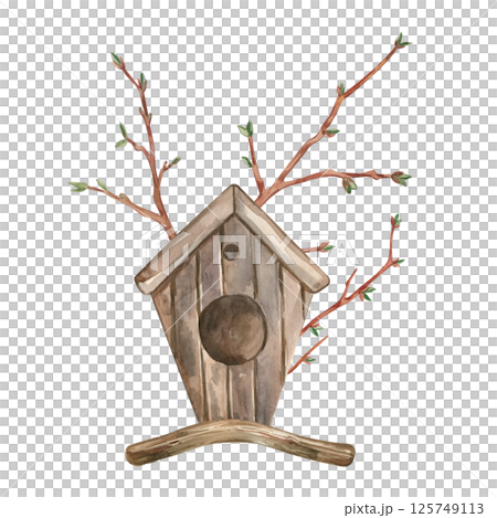 Birdhouse made of wood, brown color with branches of young trees, all objects are hand-painted with watercolors. Watercolor composition. Suitable for printing on postcards, brochures, invitations. Birdhouse made of wood, brown color with branches of young trees, all objects are hand-painted with watercolors. Watercolor composition. Suitable for printing on postcards, brochures, invitations. 125749113