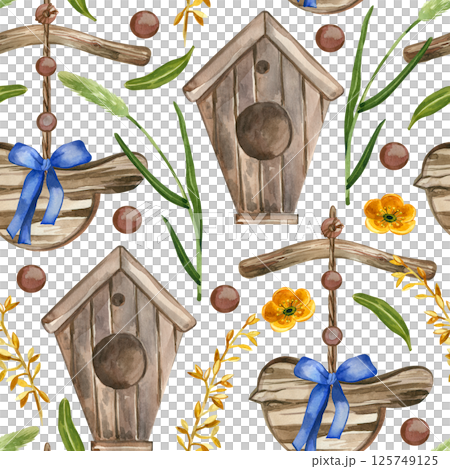 Seamless watercolor pattern. Birdhouse, bird pendant, meadow flowers and herbs of different colors, bell, buttercups, all objects are hand-drawn with watercolor. For printing on fabric, paper. Seamless watercolor pattern. Birdhouse, bird pendant, meadow flowers and herbs of different colors, bell, buttercups, all objects are hand-drawn with watercolor. For printing on fabric, paper. 125749125
