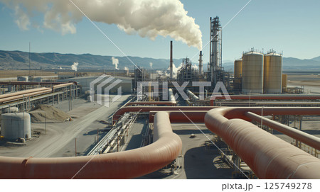 Oil refinery plant releasing pollution into atmosphere Oil refinery plant releasing pollution into atmosphere 125749278