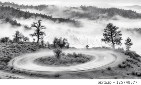 Winding mountain road disappearing into thick fog 125749377
