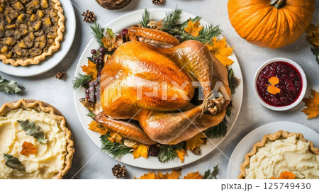 Delicious roasted turkey surrounded by traditional thanksgiving dishes on table setting Delicious roasted turkey surrounded by traditional thanksgiving dishes on table setting 125749430