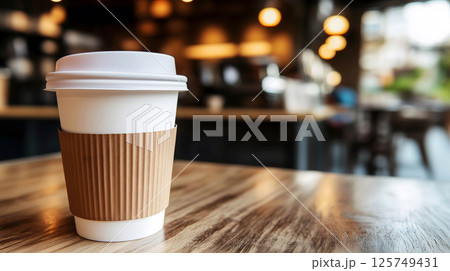 White paper coffee cup standing on a wooden table in a cafe White paper coffee cup standing on a wooden table in a cafe 125749431
