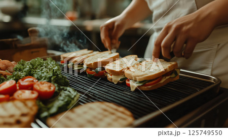 Cook preparing sandwiches with vegetables on grill in restaurant kitchen 125749550