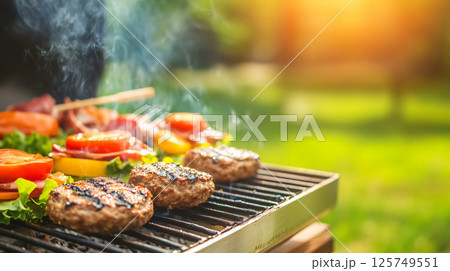 Delicious hamburgers and hot dogs grilling during garden party 125749551