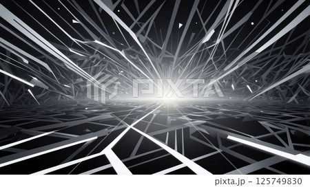 Dynamic digital landscape filled with geometric lines and light, creating an abstract futuristic environment 125749830
