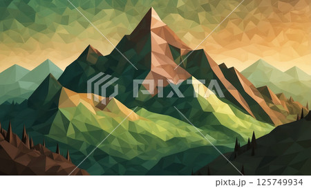 Majestic polygonal mountain landscape at sunset showcasing vibrant colors and rugged terrain 125749934