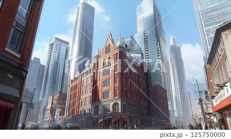 Old brick building standing next to modern skyscrapers in toronto 125750000