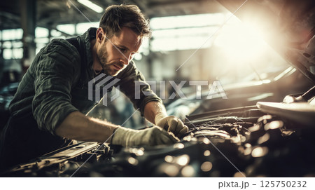 A car mechanic technician repairs a car in an auto repair shop, tools in hand and focused on the work. The concept of expertise, maintenance, and the essential role of mechanics in vehicle care. 125750232