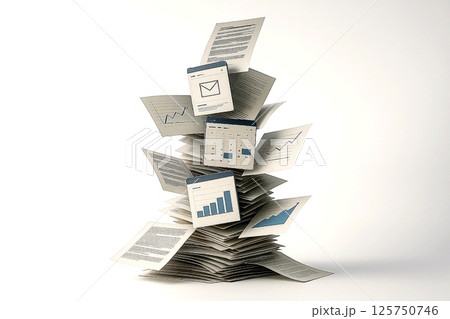 情報が積み上がる書類の塔 125750746