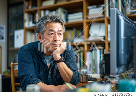 パソコンに向かって考えるミドル男性 125750759