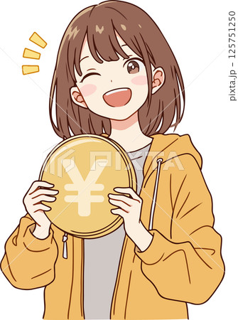 【AI生成画像】漫画タッチの円マークの描かれたコインを持つ女性 125751250