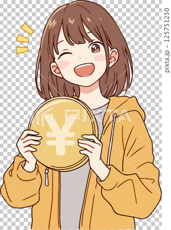 【AI生成画像】漫画タッチの円マークの描かれたコインを持つ女性 125751250
