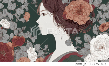 花に囲まれた女性の横顔 125751803