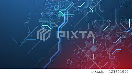 Stylized view of gears integrated with microcircuits. Concept of combining mechanics and electronics. Vector Stylized view of gears integrated with microcircuits. Concept of combining mechanics and electronics. Vector 125751993
