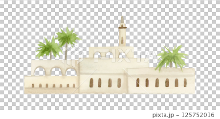 Mediterranean old stone houses with palm trees and arches watercolor illustration isolated on white. Oriental scene with beige city quarter in Arabic style. Romanian Europe ancient architecture 125752016