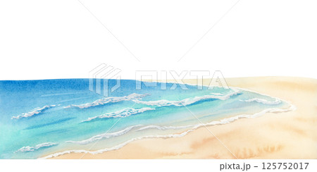 Tropical ocean beach seascape watercolor illustration isolated on white. Calm sea coast with beige sand horizontal clip art for Florida summer vacation designs in bright blue and turquoise colors 125752017