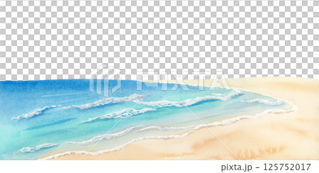 Tropical ocean beach seascape watercolor illustration isolated on white. Calm sea coast with beige sand horizontal clip art for Florida summer vacation designs in bright blue and turquoise colors 125752017