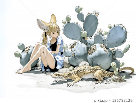 砂漠で休憩するフェネックの妖精のイラスト素材　サボテン 125752129