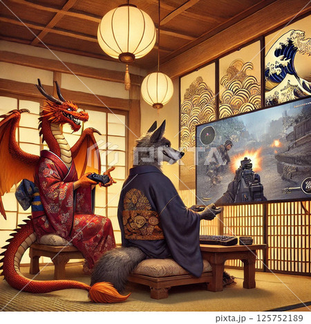 和室でゲームをする着物姿のドラゴンとオオカミ 125752189