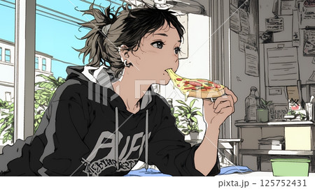 ピザを食べている若い女性