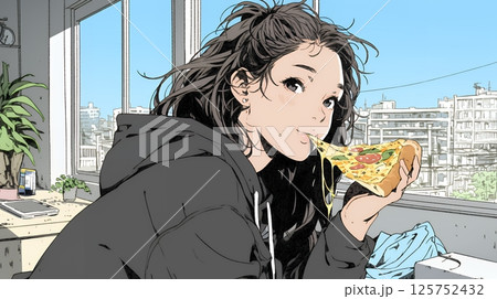 ピザを食べている若い女性