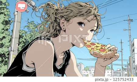 ピザを食べている若い女性