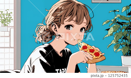ピザを食べている若い女性