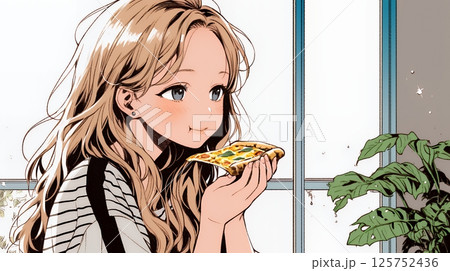 ピザを食べている若い女性