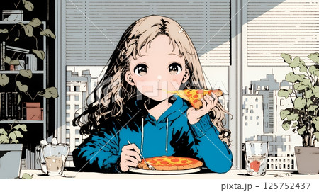 ピザを食べている若い女性
