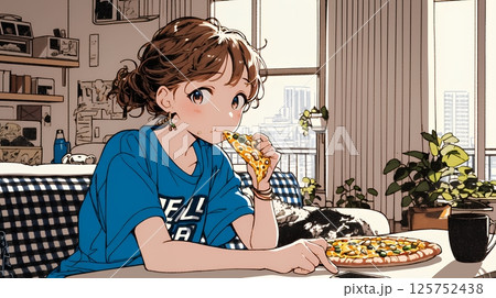 ピザを食べている若い女性